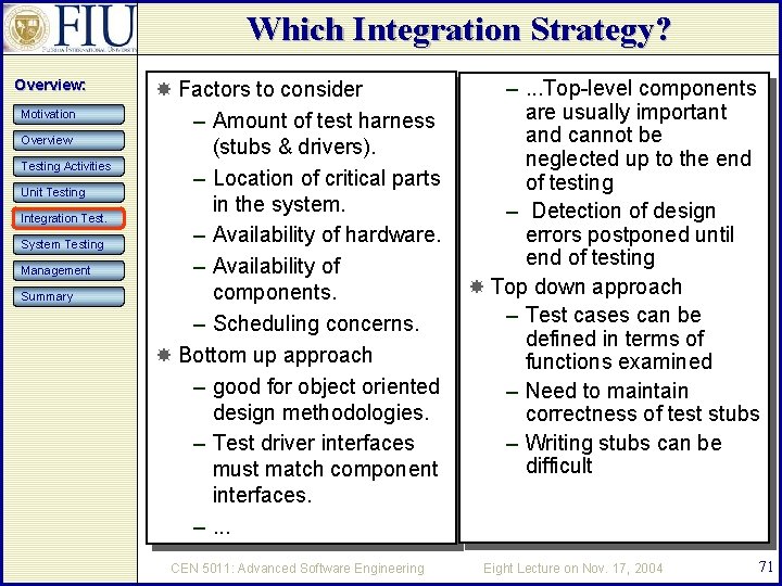 Which Integration Strategy? Overview: Motivation Overview Testing Activities Unit Testing Integration Test. System Testing