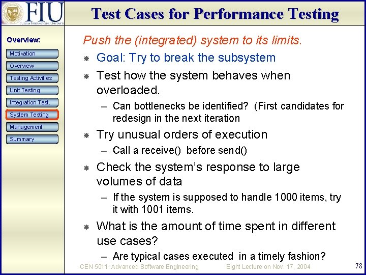 Test Cases for Performance Testing Overview: Motivation Overview Testing Activities Unit Testing Push the