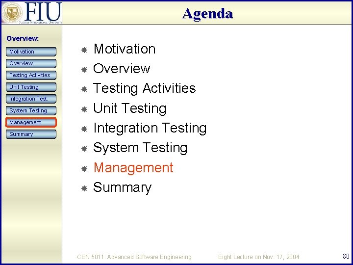 Agenda Overview: Motivation Overview Testing Activities Unit Testing Integration Test. System Testing Management Summary