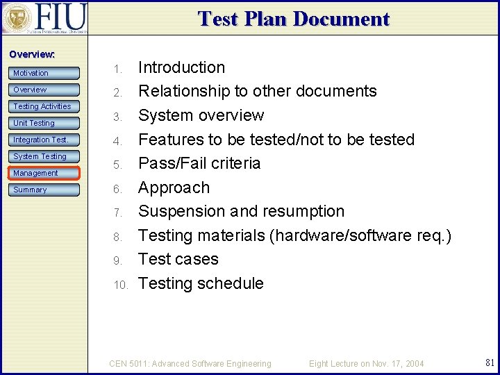 Test Plan Document Overview: Motivation Overview 1. 2. Testing Activities Unit Testing Integration Test.