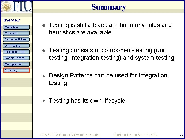 Summary Overview: Motivation Testing is still a black art, but many rules and heuristics