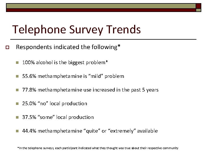 Telephone Survey Trends o Respondents indicated the following* n 100% alcohol is the biggest