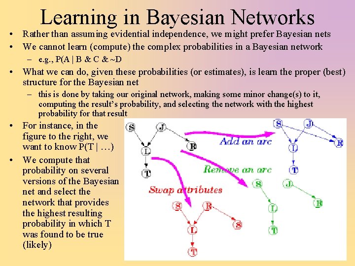 Learning in Bayesian Networks • Rather than assuming evidential independence, we might prefer Bayesian