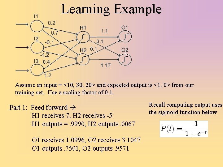 Learning Example Assume an input = <10, 30, 20> and expected output is <1,