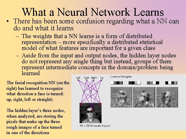 What a Neural Network Learns • There has been some confusion regarding what a