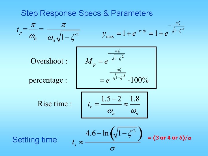 Step Response Specs & Parameters Settling time: = (3 or 4 or 5)/s 