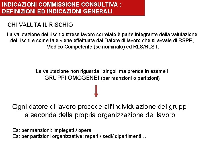 INDICAZIONI COMMISSIONE CONSULTIVA : DEFINIZIONI ED INDICAZIONI GENERALI CHI VALUTA IL RISCHIO La valutazione