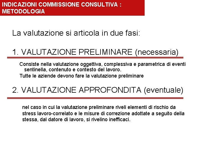 INDICAZIONI COMMISSIONE CONSULTIVA : METODOLOGIA La valutazione si articola in due fasi: 1. VALUTAZIONE