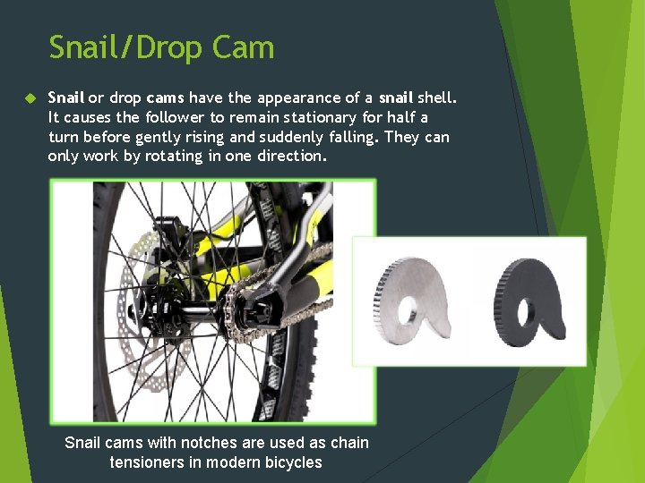 Snail/Drop Cam Snail or drop cams have the appearance of a snail shell. It