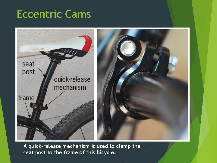 Eccentric Cams A quick-release mechanism is used to clamp the seat post to the