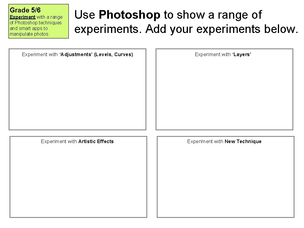 Grade 5/6 Experiment with a range of Photoshop techniques and smart apps to manipulate