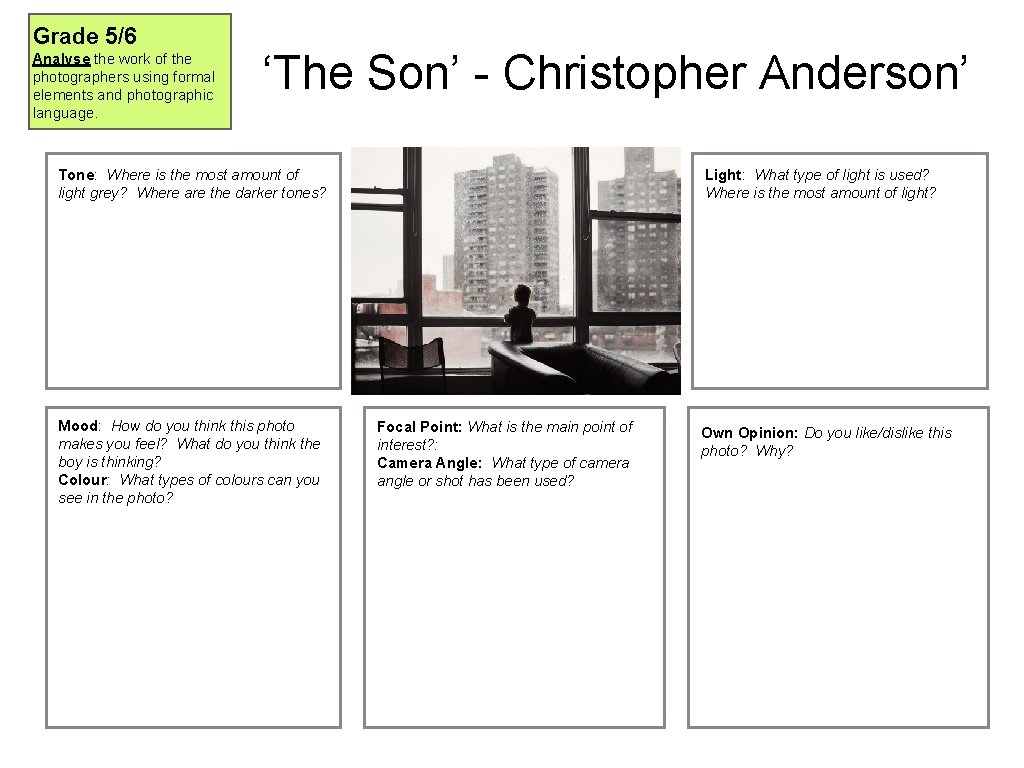 Grade 5/6 Analyse the work of the photographers using formal elements and photographic language.