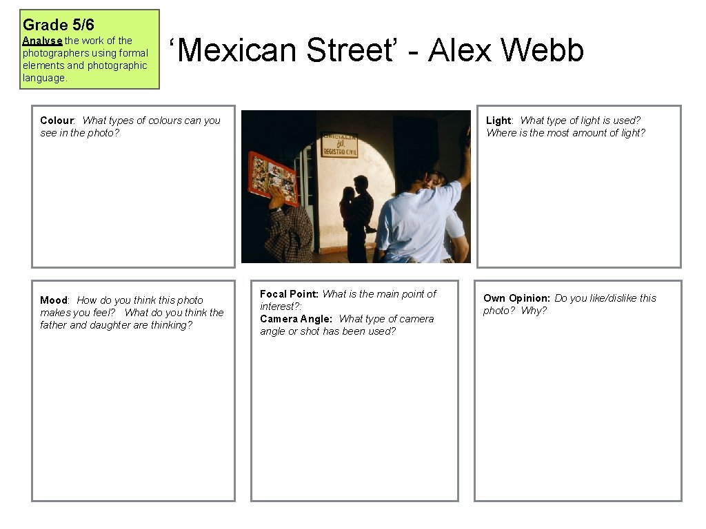 Grade 5/6 Analyse the work of the photographers using formal elements and photographic language.