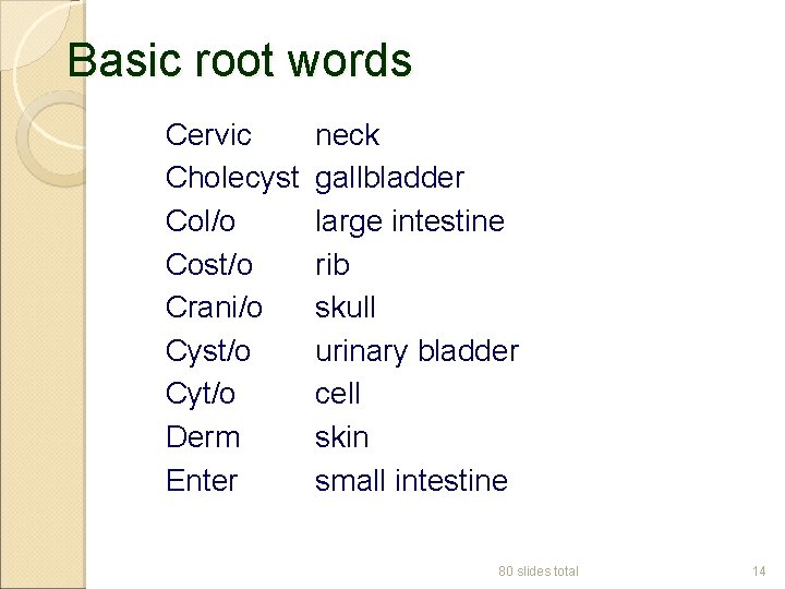 Basic root words Cervic Cholecyst Col/o Cost/o Crani/o Cyst/o Cyt/o Derm Enter neck gallbladder