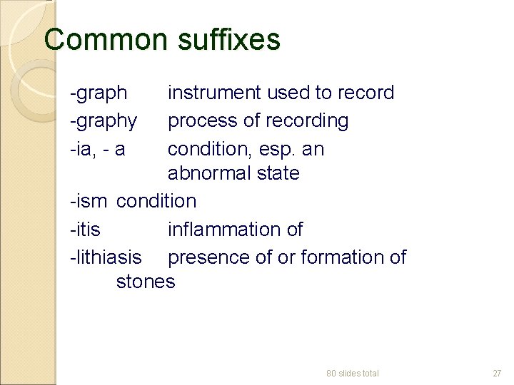 Common suffixes -graphy -ia, - a instrument used to record process of recording condition,