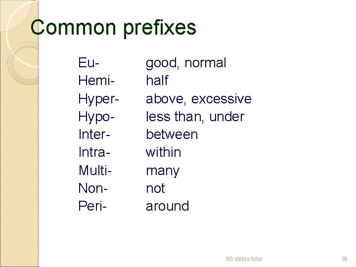Common prefixes Eu. Hemi. Hyper. Hypo. Inter. Intra. Multi. Non. Peri- good, normal half