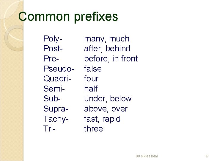 Common prefixes Poly. Post. Pre. Pseudo. Quadri. Semi. Sub. Supra. Tachy. Tri- many, much