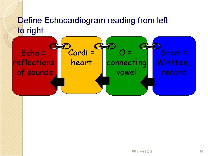 Define Echocardiogram reading from left to right Echo = reflections of sounds Cardi =