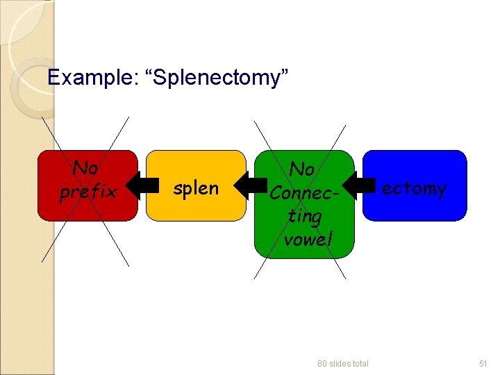 Example: “Splenectomy” No prefix splen No Connecting vowel 80 slides total ectomy 51 