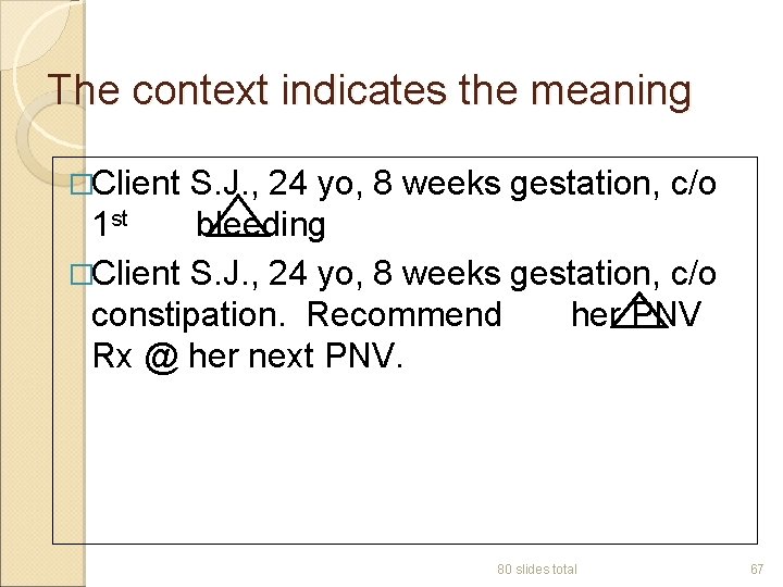 The context indicates the meaning �Client S. J. , 24 yo, 8 weeks gestation,