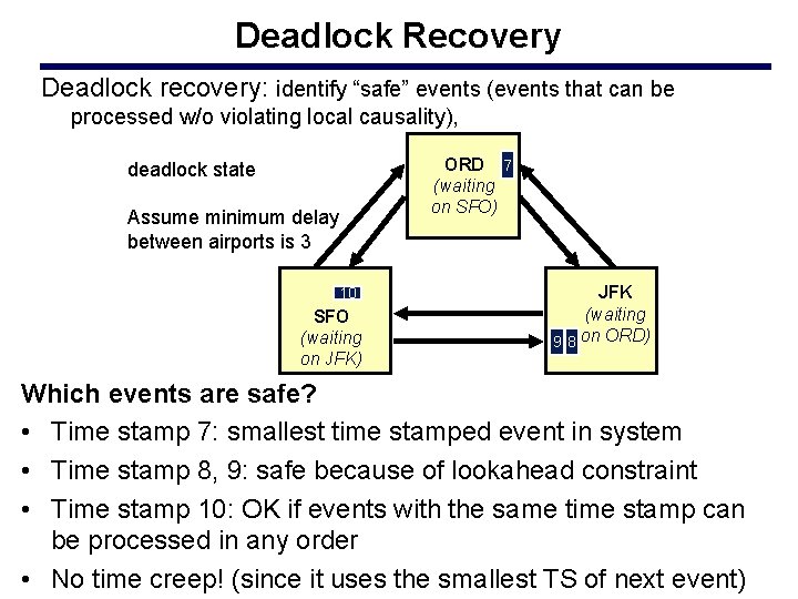 Deadlock Recovery Deadlock recovery: identify “safe” events (events that can be processed w/o violating
