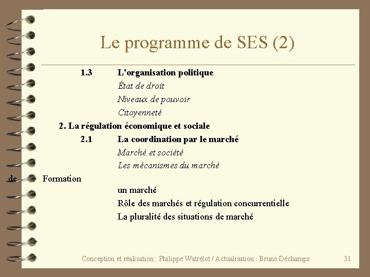 Le programme de SES (2) 1. 3 de L'organisation politique État de droit Niveaux