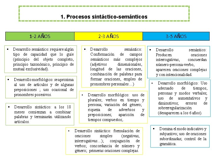 1. Procesos sintáctico-semánticos 1 -2 AÑOS 2 -3 AÑOS § Desarrollo semántico: requiere algún