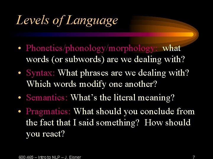 Levels of Language • Phonetics/phonology/morphology: what words (or subwords) are we dealing with? •