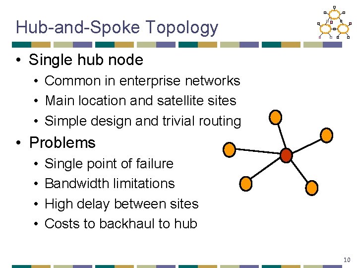 Hub-and-Spoke Topology • Single hub node • Common in enterprise networks • Main location