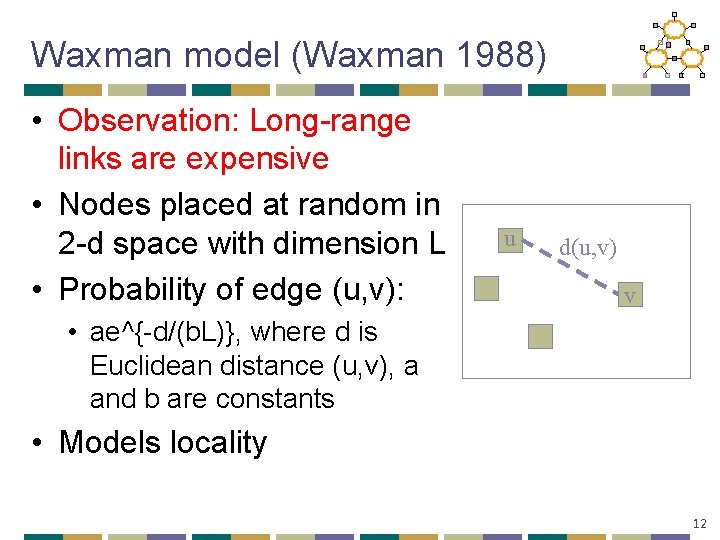 Waxman model (Waxman 1988) • Observation: Long-range links are expensive • Nodes placed at