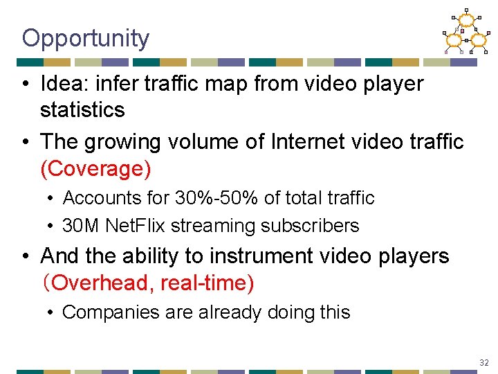 Opportunity • Idea: infer traffic map from video player statistics • The growing volume