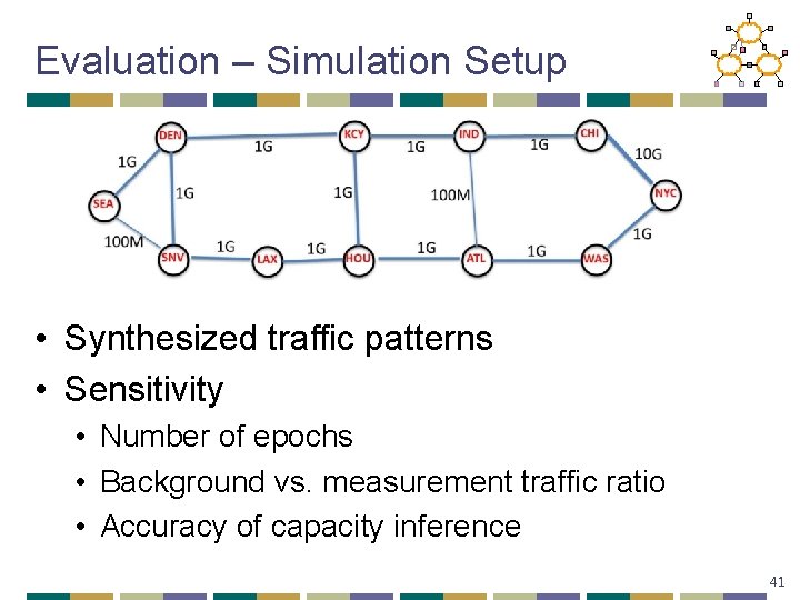 Evaluation – Simulation Setup • Synthesized traffic patterns • Sensitivity • Number of epochs