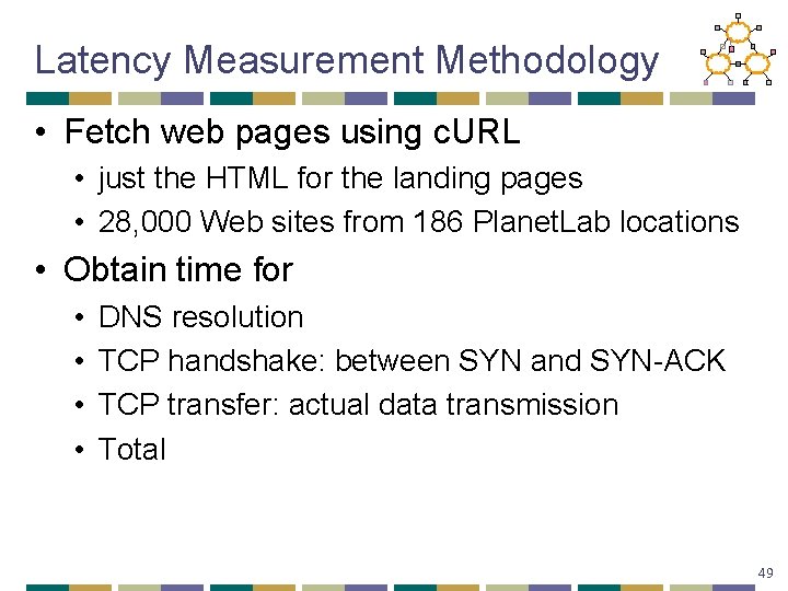 Latency Measurement Methodology • Fetch web pages using c. URL • just the HTML