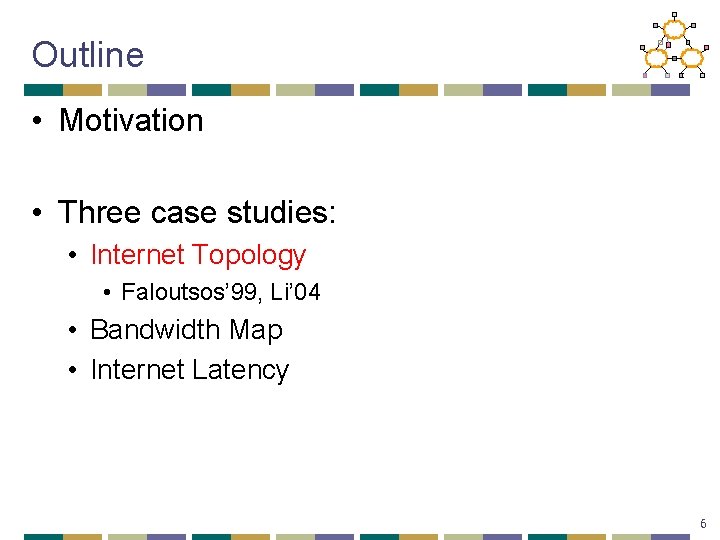 Outline • Motivation • Three case studies: • Internet Topology • Faloutsos’ 99, Li’