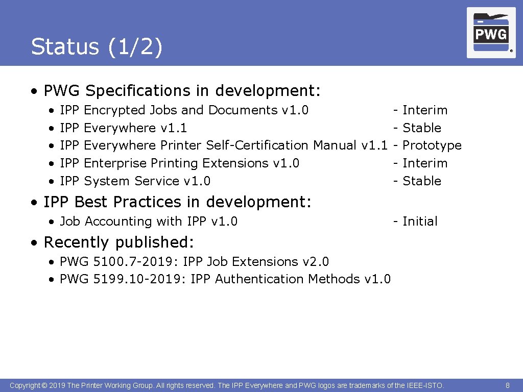 Status (1/2) ® • PWG Specifications in development: • • • IPP IPP IPP