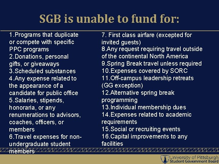 SGB is unable to fund for: 1. Programs that duplicate or compete with specific