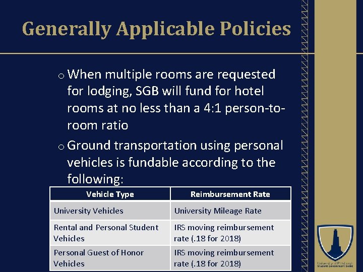 Generally Applicable Policies o When multiple rooms are requested for lodging, SGB will fund