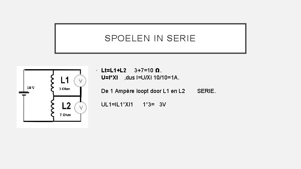 SPOELEN IN SERIE • Lt=L 1+L 2 3+7=10 Ω. U=I*Xl , dus I=U/Xl 10/10=1