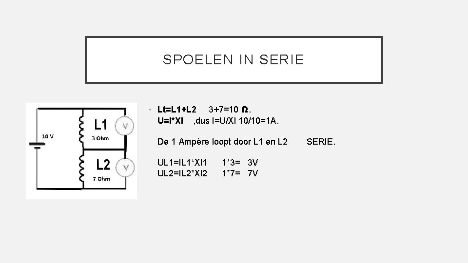 SPOELEN IN SERIE • Lt=L 1+L 2 3+7=10 Ω. U=I*Xl , dus I=U/Xl 10/10=1