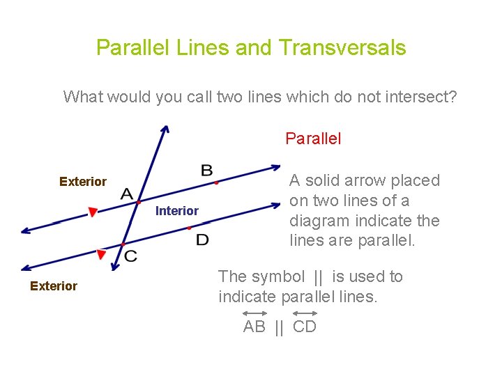 Parallel Lines and Transversals What would you call two lines which do not intersect?