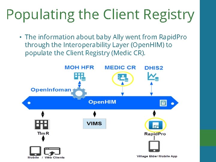 Populating the Client Registry • The information about baby Ally went from Rapid. Pro