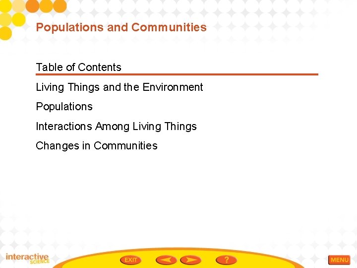 Populations and Communities Table of Contents Living Things and the Environment Populations Interactions Among