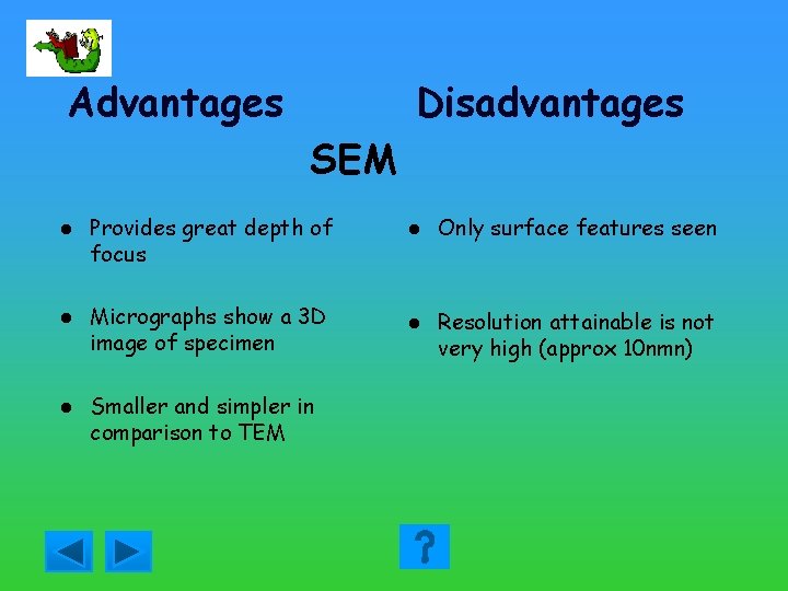 Advantages Disadvantages SEM l Provides great depth of focus l Micrographs show a 3