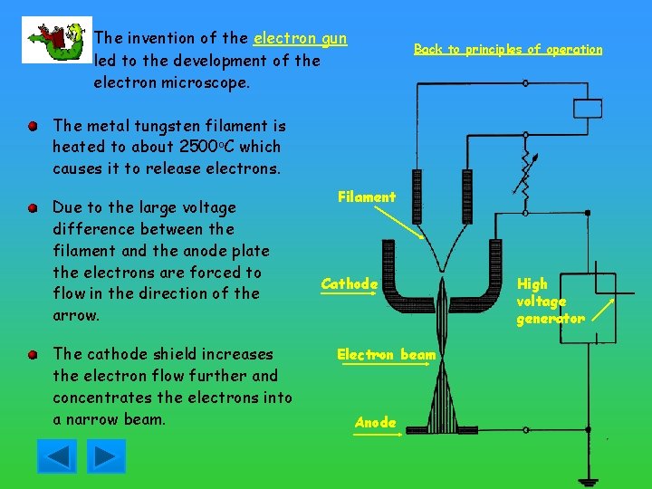 The invention of the electron gun led to the development of the electron microscope.