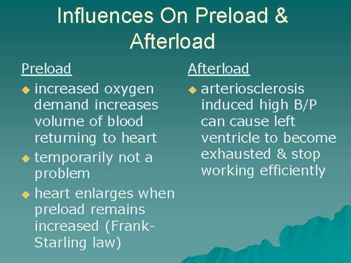 Influences On Preload & Afterload Preload Afterload u increased oxygen u arteriosclerosis demand increases