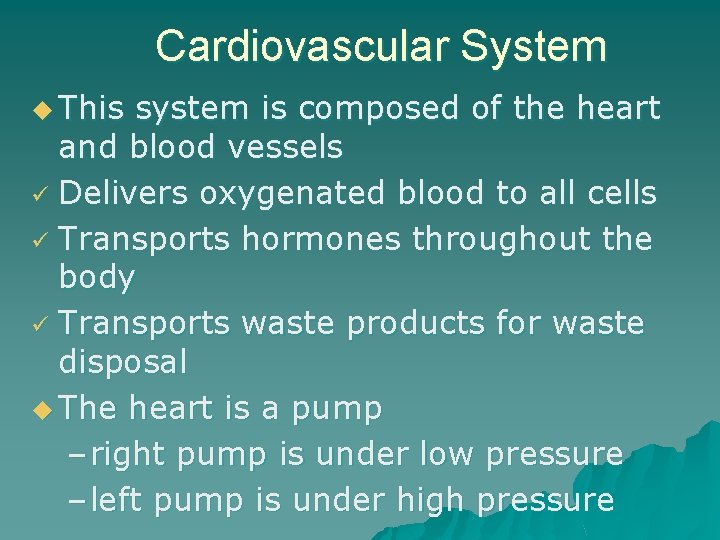 Cardiovascular System u This system is composed of the heart and blood vessels Delivers