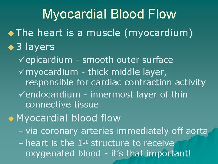 Myocardial Blood Flow u The heart is a muscle (myocardium) u 3 layers epicardium