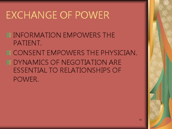 EXCHANGE OF POWER INFORMATION EMPOWERS THE PATIENT. CONSENT EMPOWERS THE PHYSICIAN. DYNAMICS OF NEGOTIATION