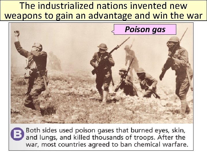 The industrialized nations invented new weapons to gain an advantage and win the war The industrialized nations invented new weapons to gain an advantage and win the war