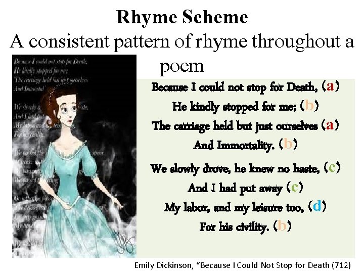 Rhyme Scheme A consistent pattern of rhyme throughout a poem Because I could not